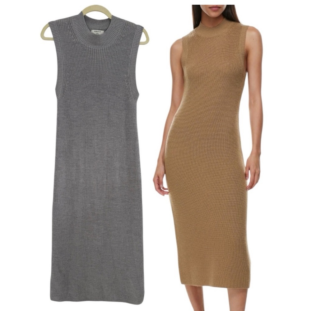 Babaton Grey Sleeveless Mock Neck Midi Knit Dress